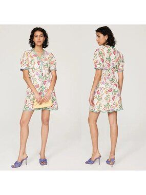 NWT Saloni Marlee Printed Linen Short Puff Sleeves Mini Dress Red Green Size: 10